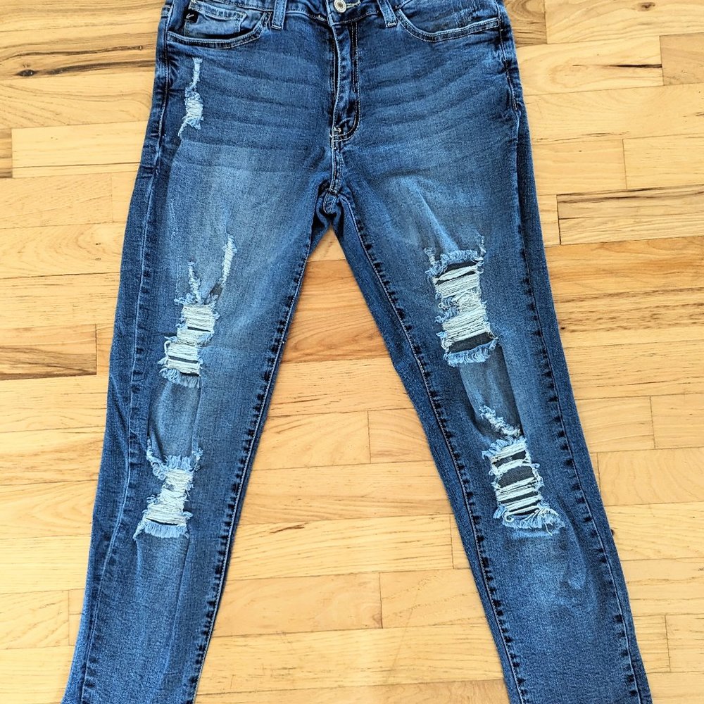 KanCan Mid-Rise Distressed Skinny Jeans Raw Hem Denim Blue Size 11/29